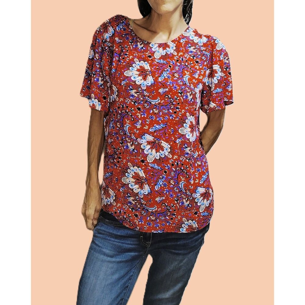 LOFT ~ Candy Apple Red Paisley Boho Tie-Back Top ~ Size Small